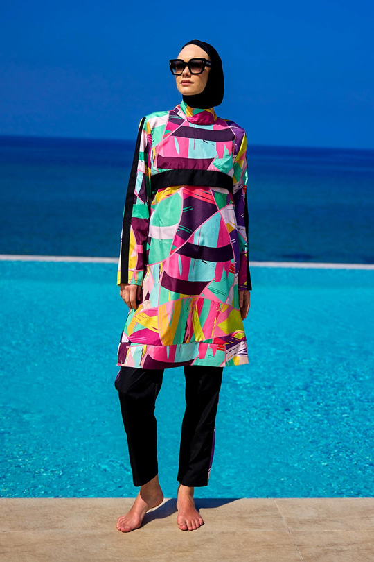 Karışık Desen Tesettür Mayo Fuşya