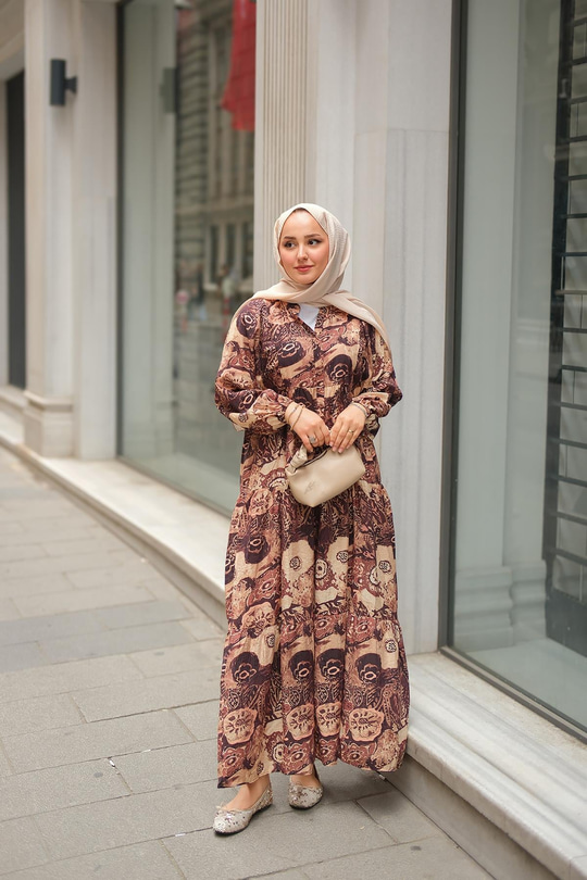 Karışık Desenli Elbise Kahverengi
