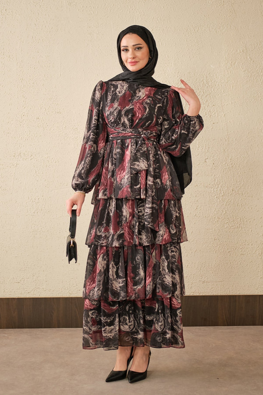 Kat Kat Detay Kuşaklı Astarlı Şifon Elbise Siyah