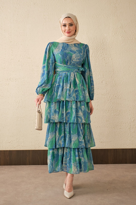 Kat Kat Detay Kuşaklı Astarlı Şifon Elbise Mavi