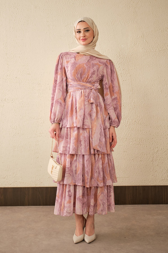 Kat Kat Detay Kuşaklı Astarlı Şifon Elbise Pembe