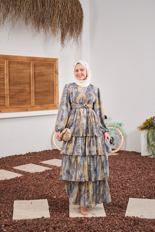 Kat Kat Detay Kuşaklı Astarlı Şifon Elbise Füme