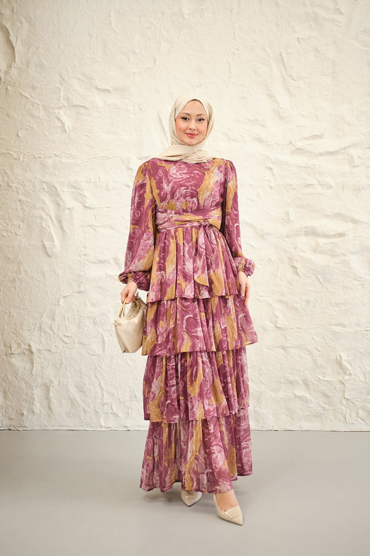 Kat Kat Detay Kuşaklı Astarlı Şifon Elbise Bordo