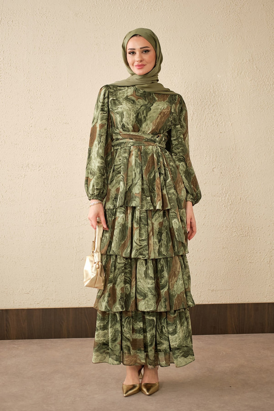 Kat Kat Detay Kuşaklı Astarlı Şifon Elbise Haki Yeşil
