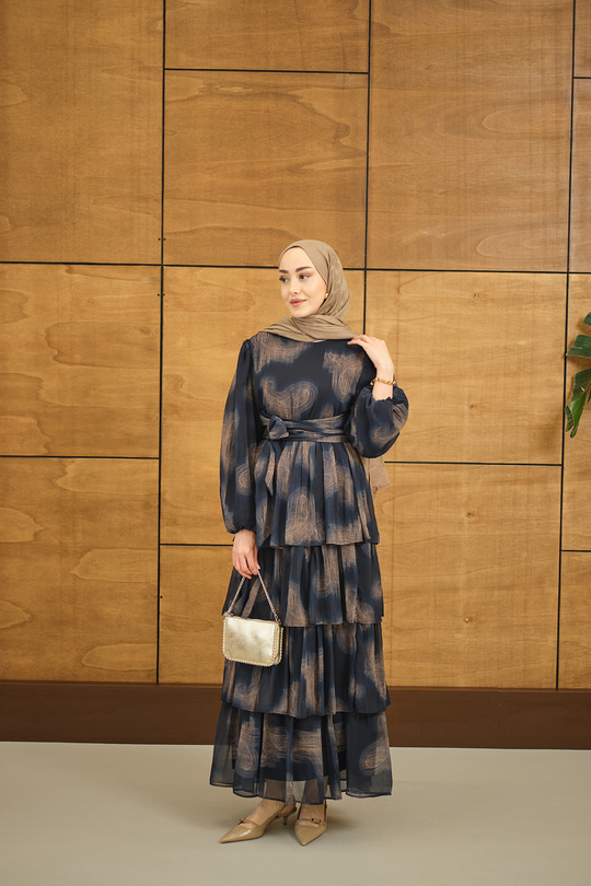 Kat Kat Dökümlü Şifon Elbise Lacivert