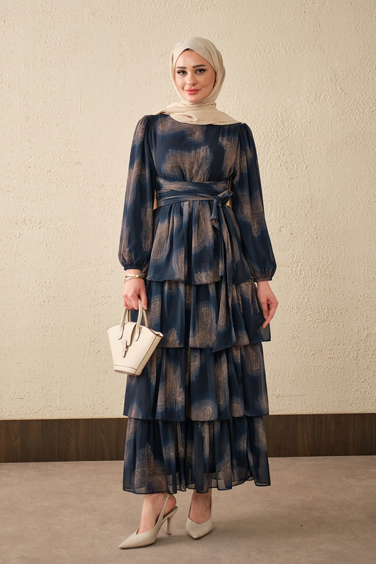 Kat Kat Dökümlü Şifon Elbise Lacivert