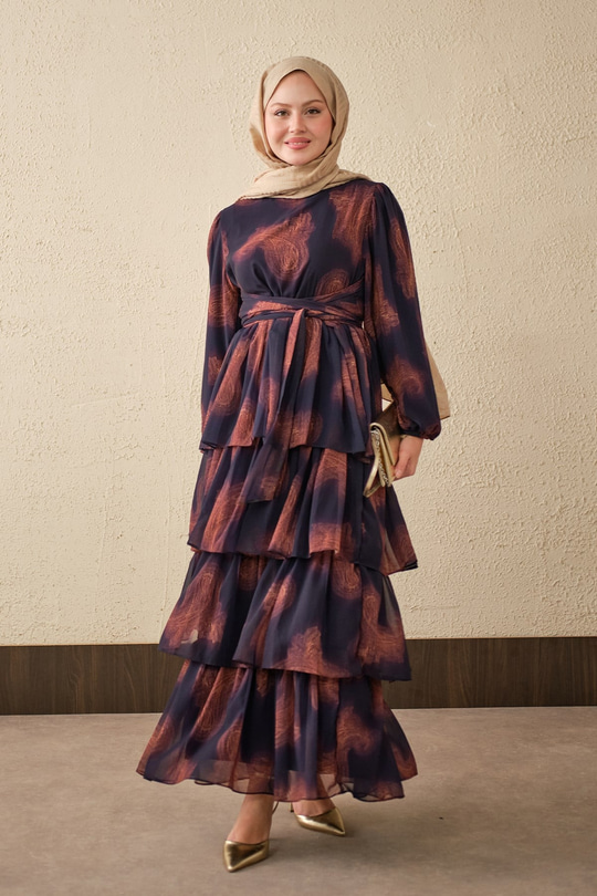 Kat Kat Dökümlü Şifon Elbise Mor