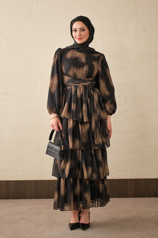 Kat Kat Dökümlü Şifon Elbise Siyah
