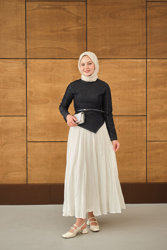 Kemer Bağlamalı Etekli Kot Takım Lacivert