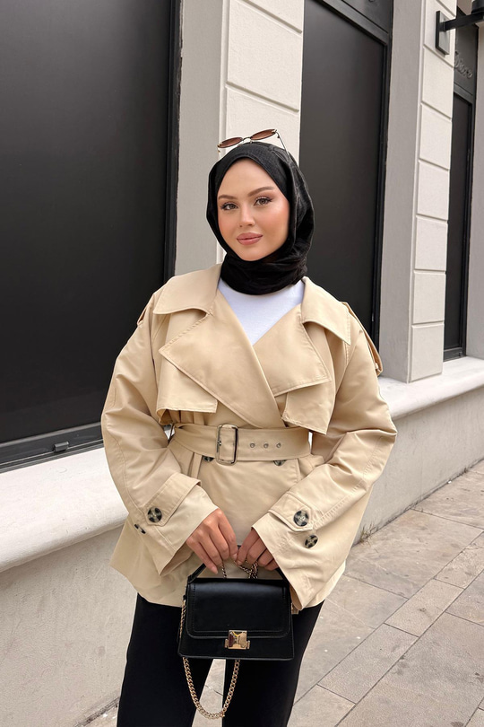 Kemer Detay Kısa Trenç Krem