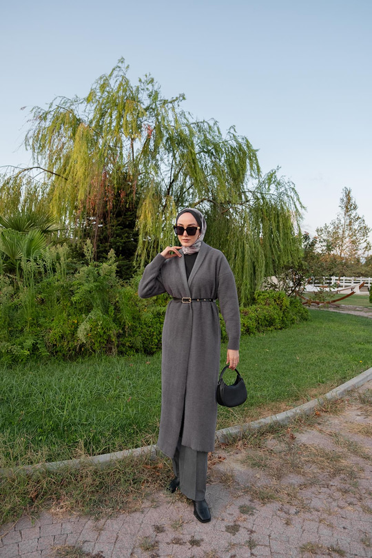 Kemerli Triko Ceket Füme