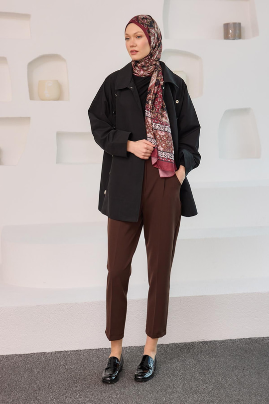 Kemerli Yüksek Bel Kumaş Pantolon Kahverengi