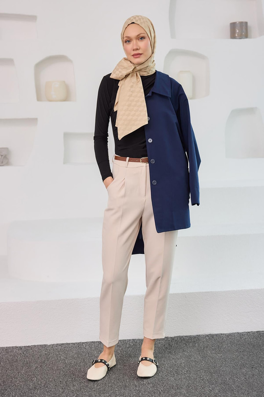 Kemerli Yüksek Bel Kumaş Pantolon Krem