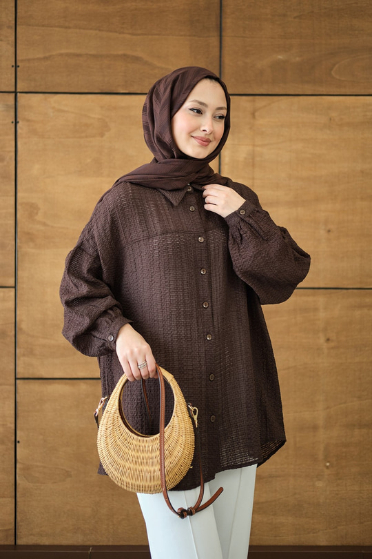 Kendinden Desenli Bel Bağlamalı Kahverengi