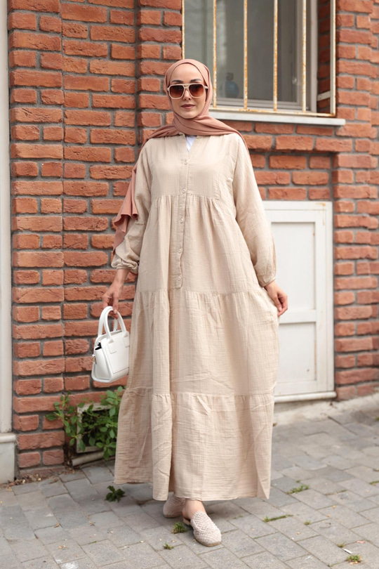 Kendinden Desenli Elbise Krem