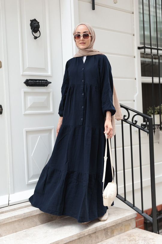 Kendinden Desenli Elbise Lacivert