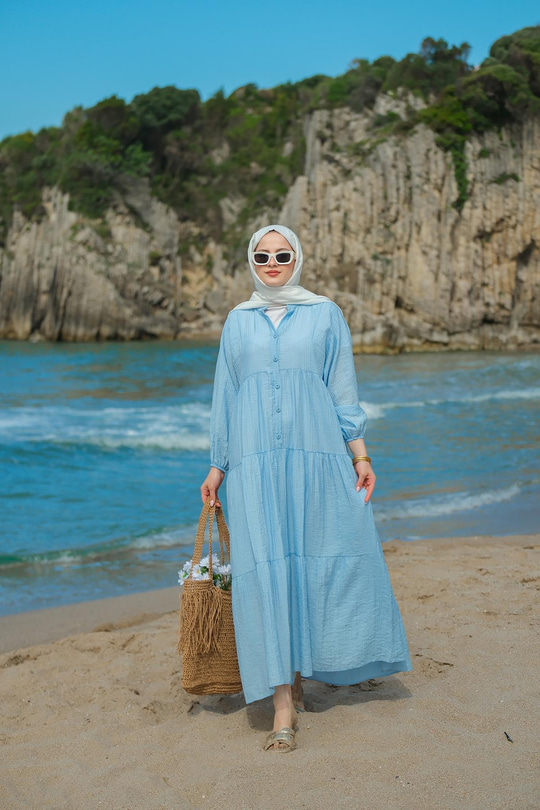 Kendinden Desenli Elbise Mavi