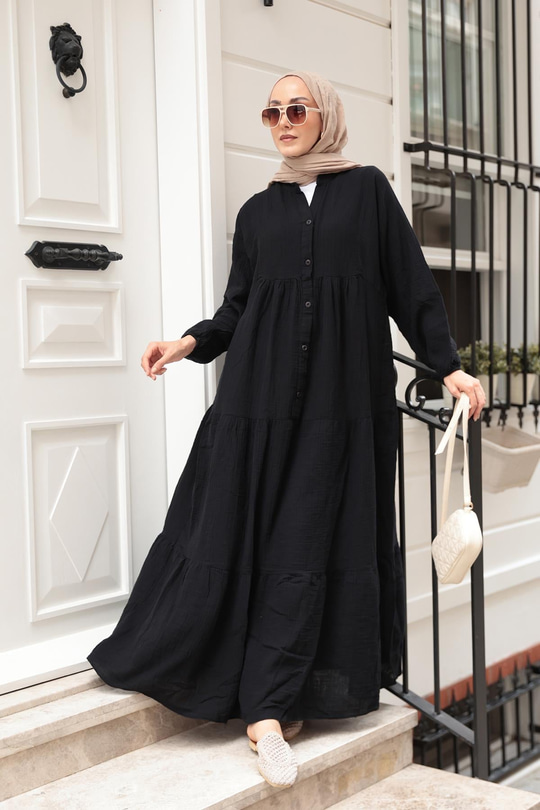 Kendinden Desenli Elbise Siyah