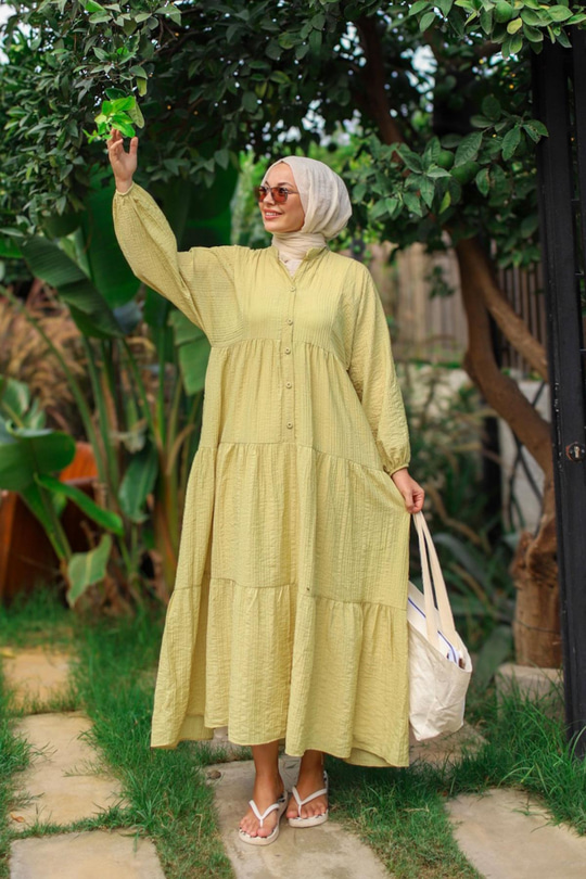 Kendinden Desenli Elbise Yağ Yeşil