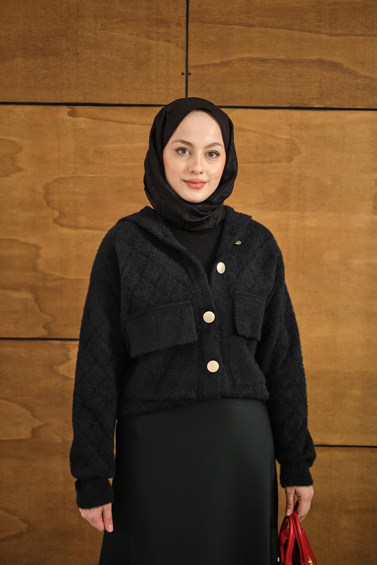 Kendinden Desenli Kapüşonlu Hırka Siyah