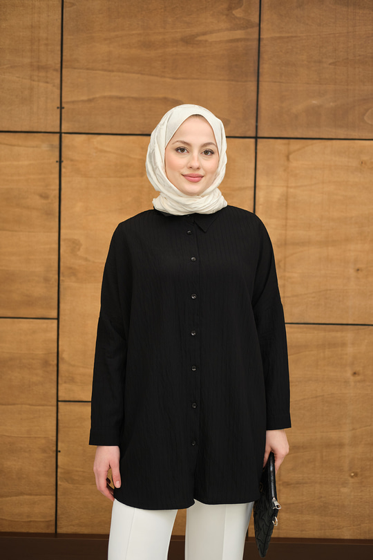 Kendinden Desenli Mila Gömlek Siyah