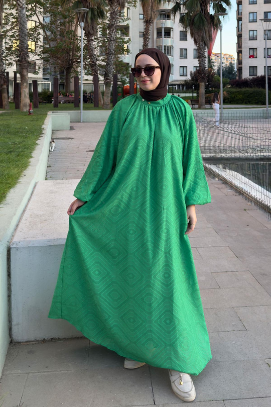 Kendinden Desenli Oversize Elbise Yeşil
