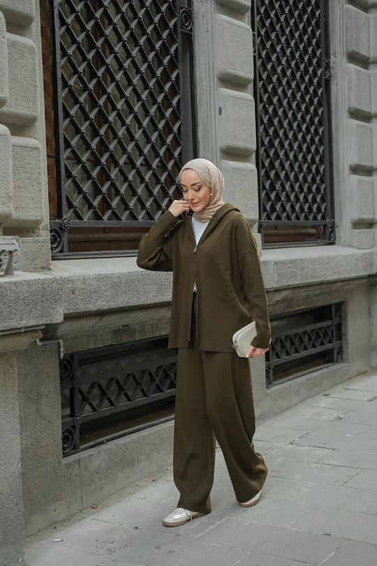 Kendinden Desenli Triko Takım Haki Yeşil