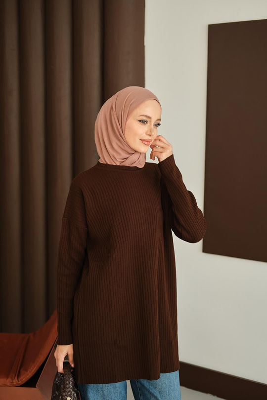 Kendinden Desenli Triko Tunik Kahverengi