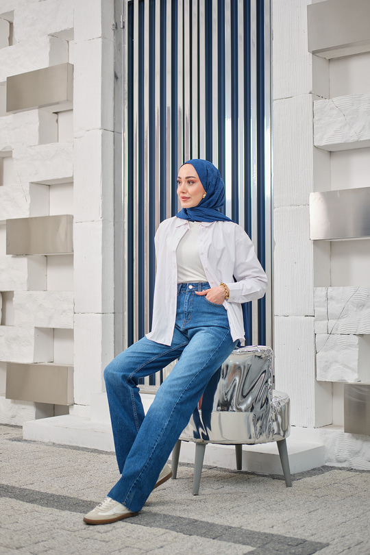 Kesik Paça Desen Kot Pantolon Mavi