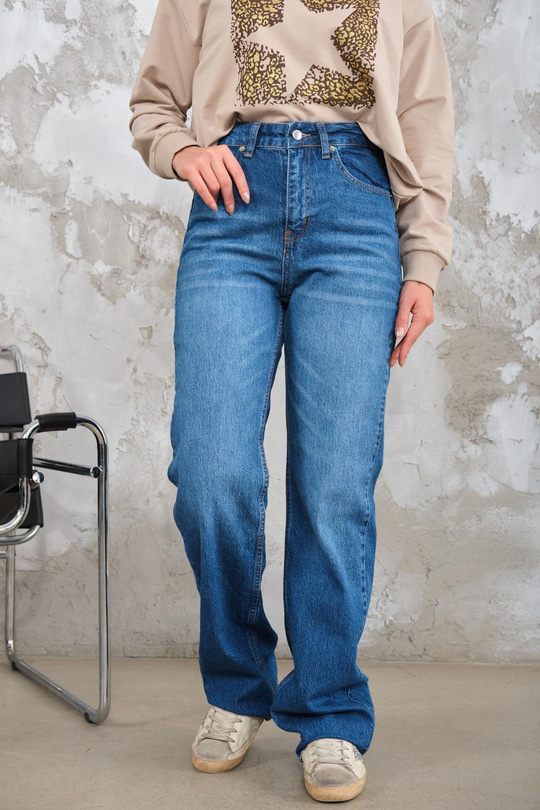 Kesik Paça Detay Kot Pantolon Mavi