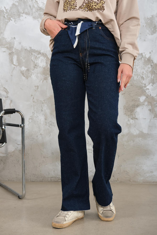 Kesik Paça Fular Detaylı Pantolon Lacivert