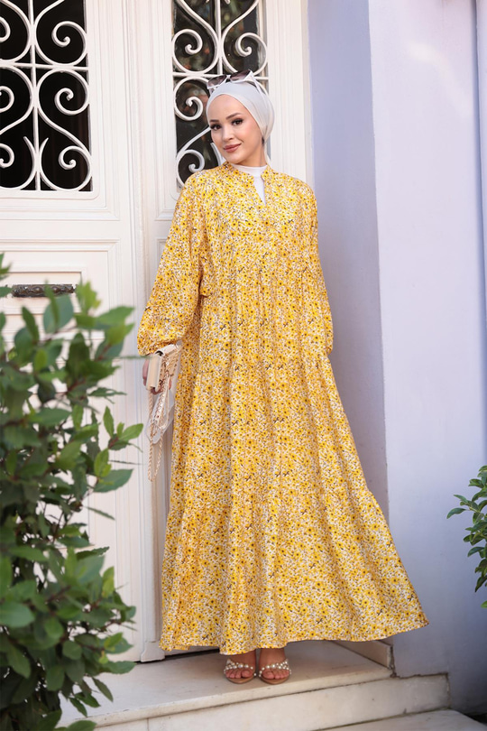 Kır Bahçesi Desen Elbise Sarı