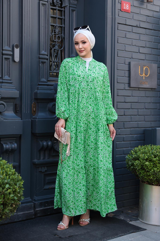 Kır Bahçesi Desen Elbise Yeşil