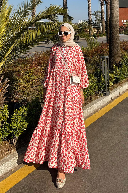 Kiraz Ve Çicek Desenli Elbise Kırmızı