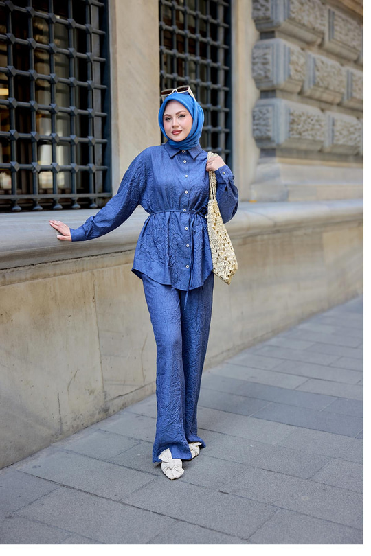 Kırışık Kumaş Takım Lacivert