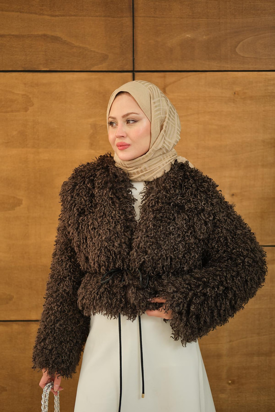 Kıvırcık Detay Kürk Kaban Kahverengi