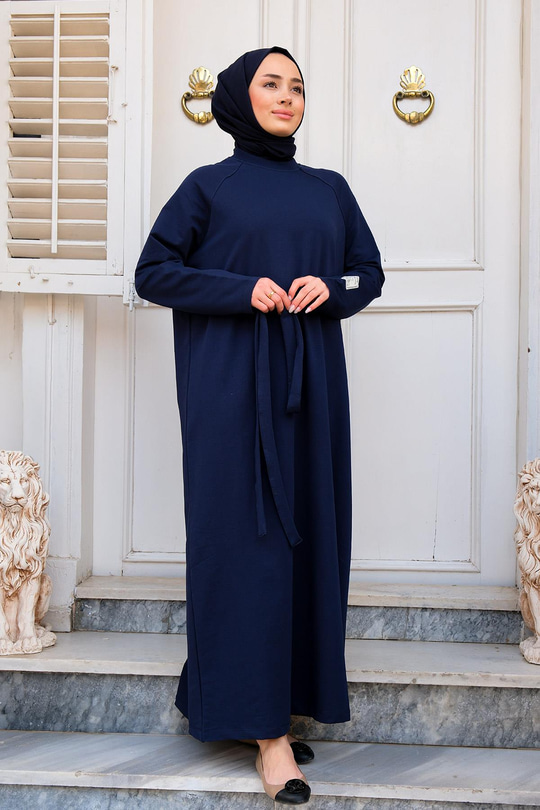 Kol Arma Detaylı Bisiklet Yaka Elbise Lacivert