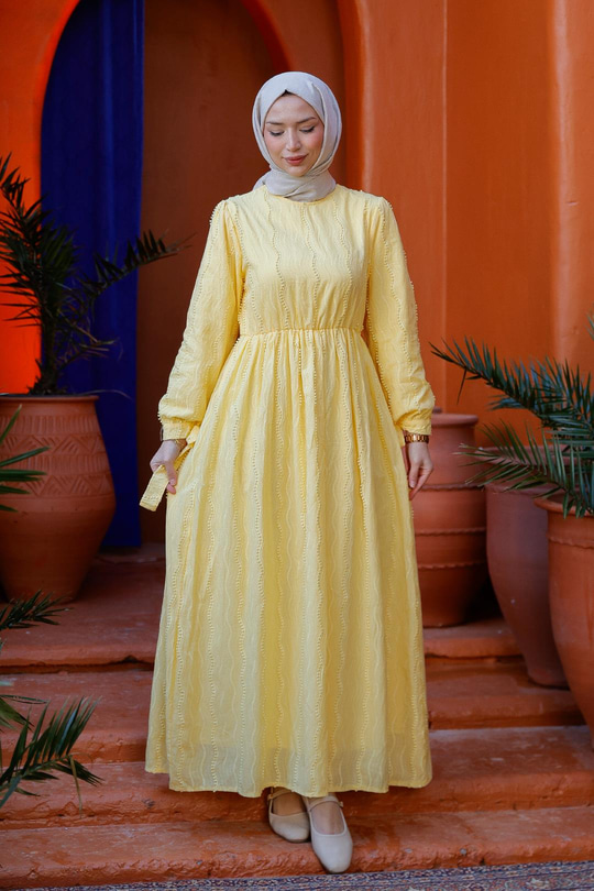 Kol Bağlamalı Jakar Elbise Sarı