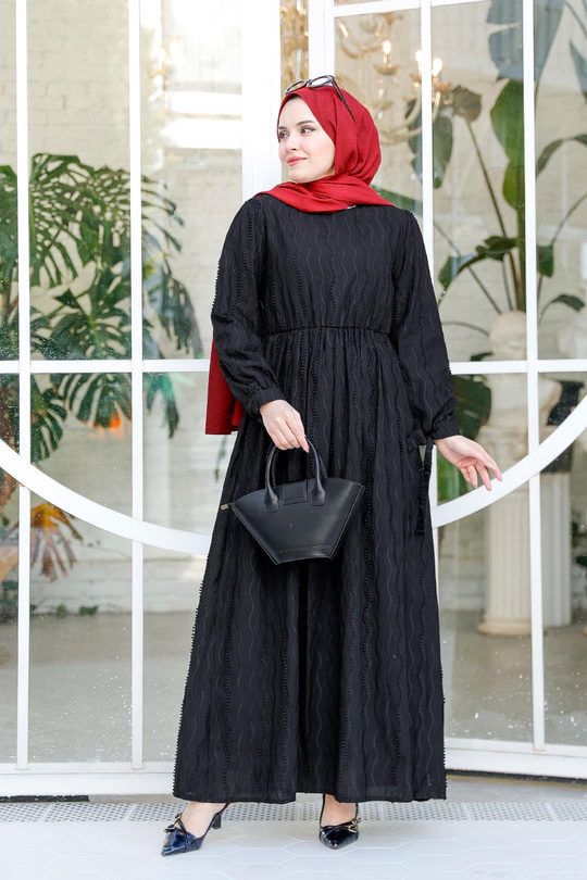 Kol Bağlamalı Jakar Elbise Siyah