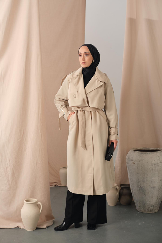 Kol Bilek Detay Bağlamalı Trençkot Taş
