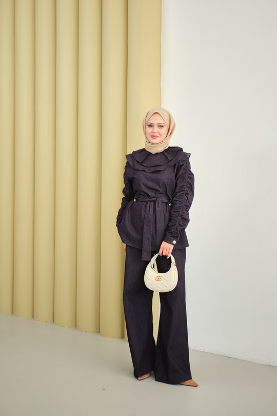 Kol Büzgülü Düğme Detay Bel Bağlamalı Takım Mor