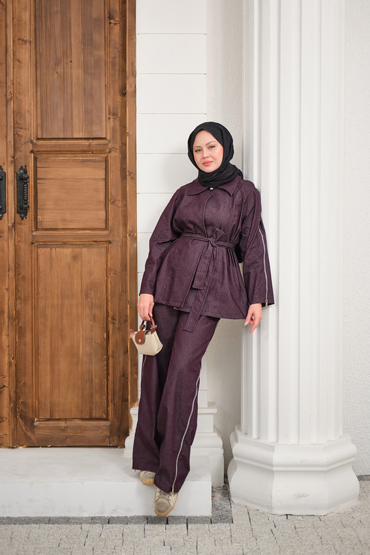 Kol Fermuar Detaylı Bel Bağlamalı Tek Düğmeli Takım Mürdüm