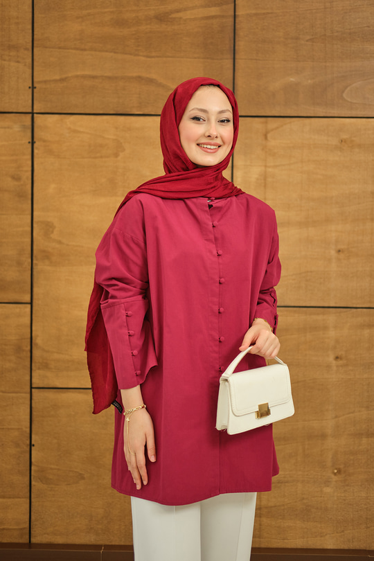 Kol Manşetli Düğme Detaylı Gömlek Bordo