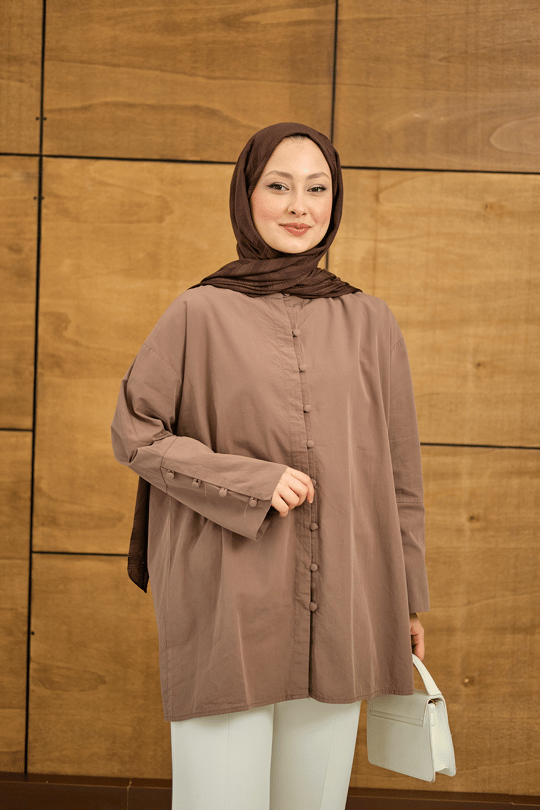 Kol Manşetli Düğme Detaylı Gömlek Kahverengi