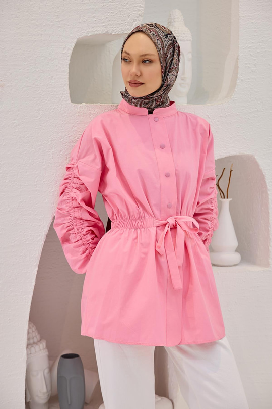 Kol Ve Bel Büzgülü Çıt Çıt Detaylı Gömlek Pembe