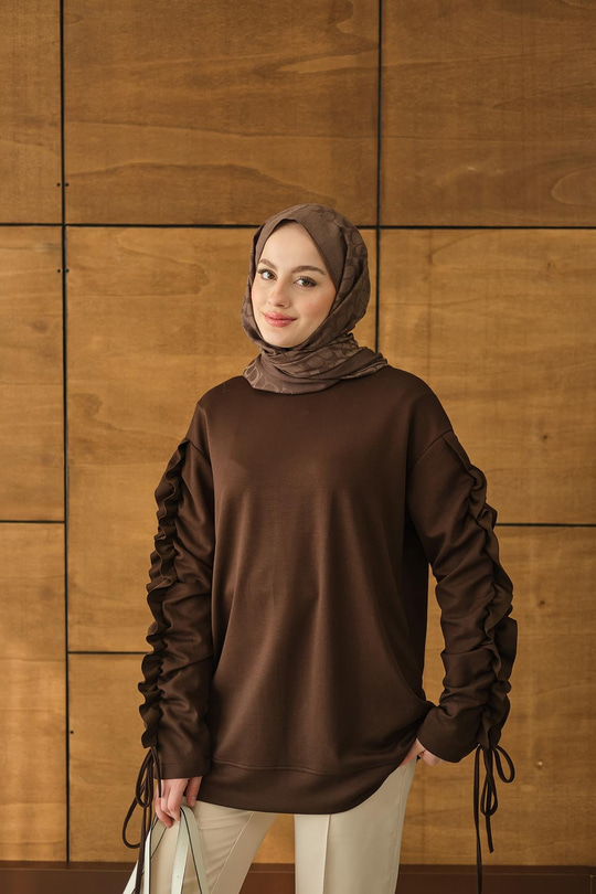 Kolları Büzgü Detay Tunik Kahverengi