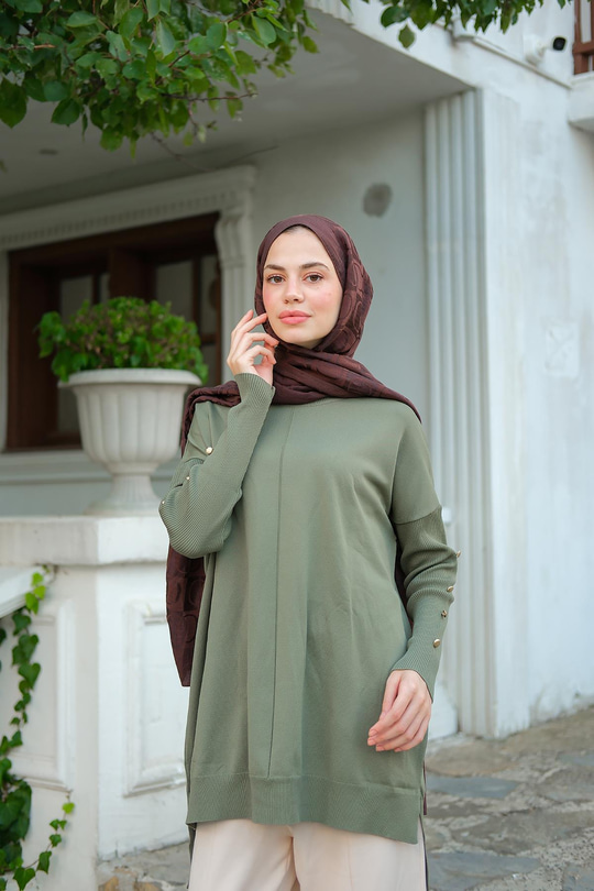 Kolları Düğme Detaylı Tunik Çağla Yeşil