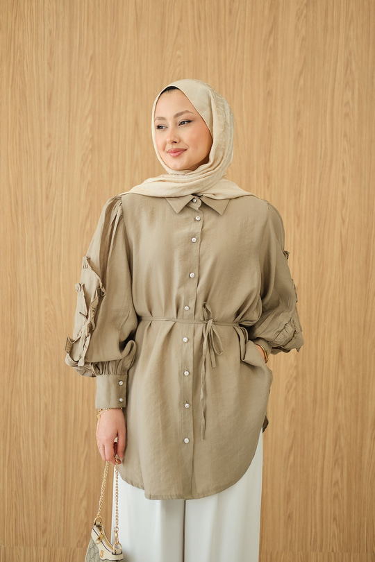 Kolları Fırfırlı Bel Bağlamalı Gömlek Küf Yeşil