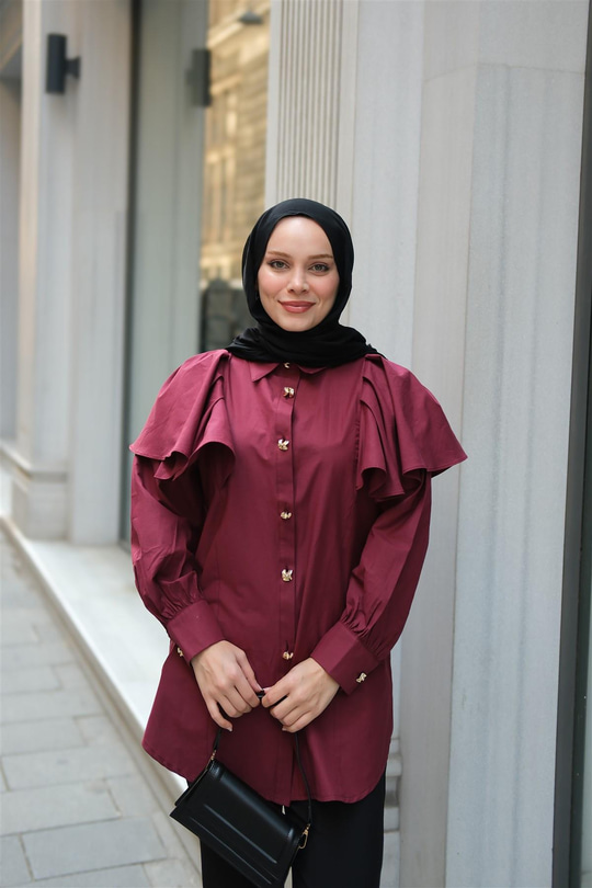 Kolları Valonlu Düğme Detaylı Gömlek  Bordo