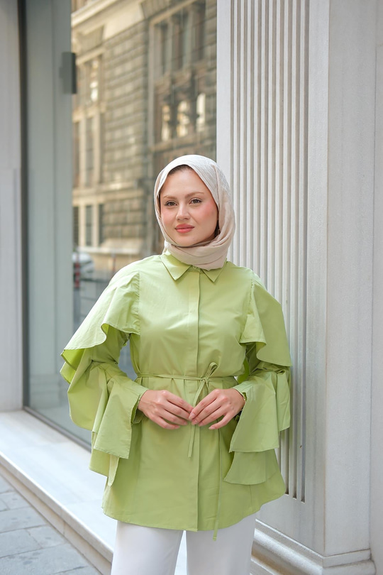 Kolu Fırfırlı Gömlek Fıstık Yeşil